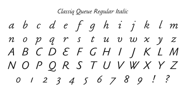 Classiq Queue Regular Italic Specimen