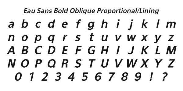 Eau Sans Book Oblique Proportional/Lining Specimen